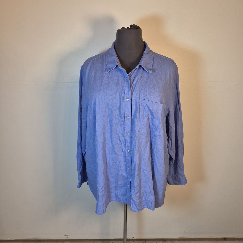 Universal Thread Wms 3X Linen Blend Button Up Shirt Relaxed Fit Blue Long Sleeve